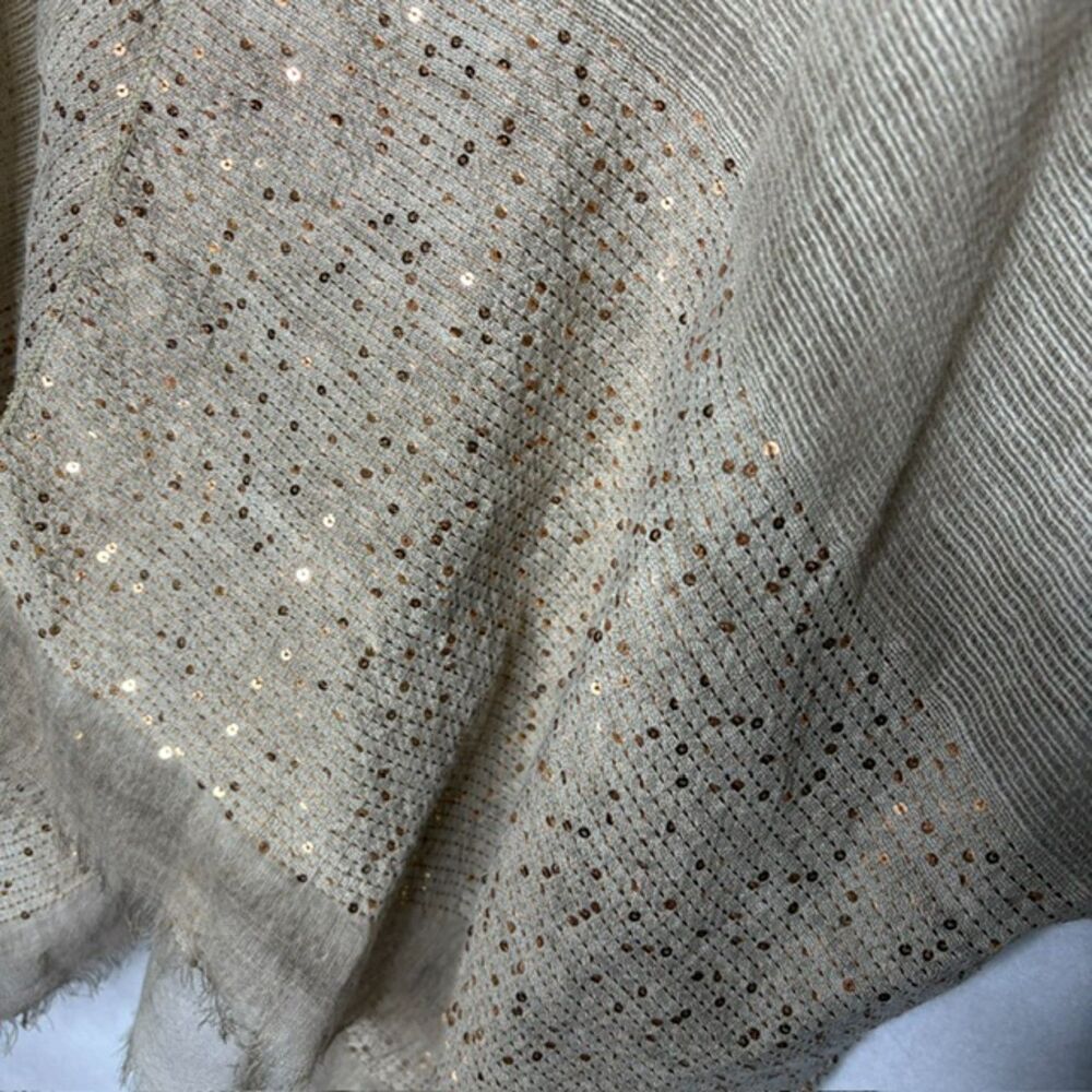Beige Boho Sequin Fringe Kimono Ruana Wrap Oversized Festival Style